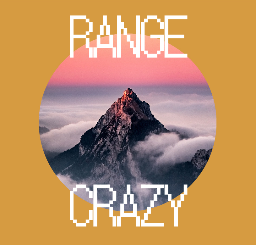 Graphic depicting a mountain peak at sunset cropped in a circle with the words RANGE CRAZY above and below.